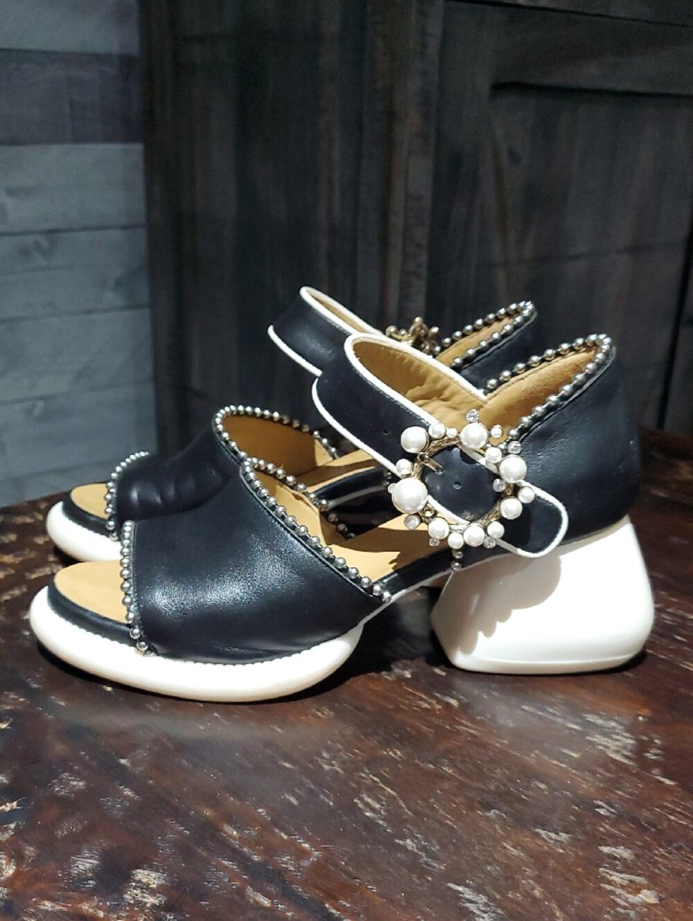 John Fluevog Black White Pearl-Embellished Leather Heels W Studs Platform Chunky